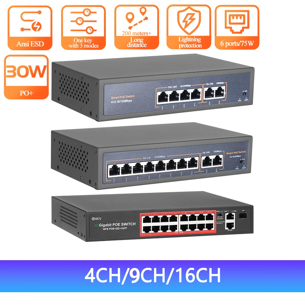 switch-ethernet-poe-techage-4ch-9ch-16ch-rj45-52v-pour-camera-ip-point-d'acces-sans-fil-et-camera-cctv