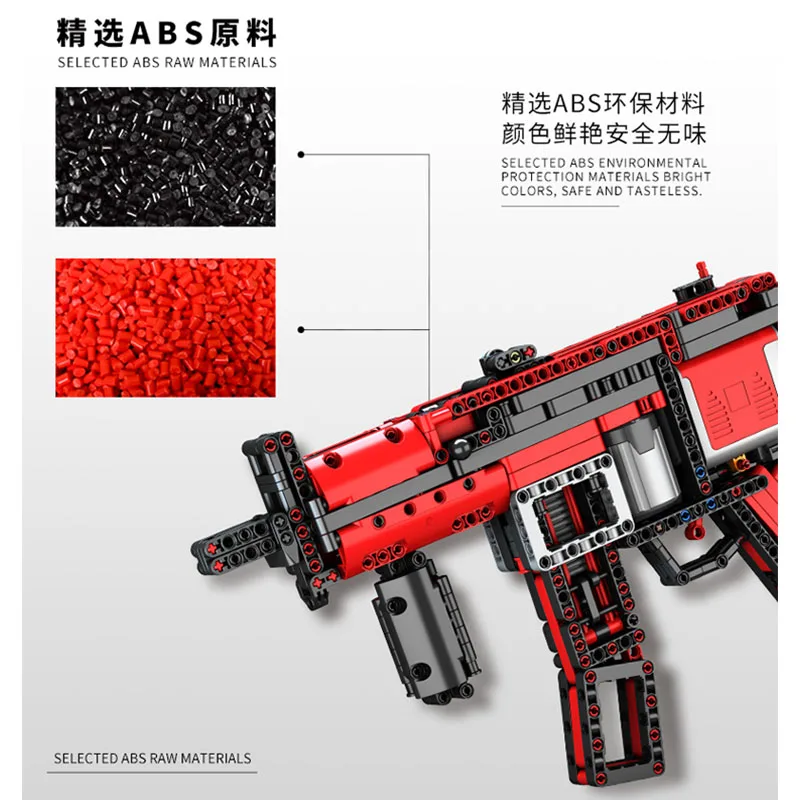 MOC-29369 wojskowy MP5 zmotoryzowany pistolet maszynowy klocki do broni palnej Model elektryczny M249 zestaw broni cegła zabawka dla dzieci prezent