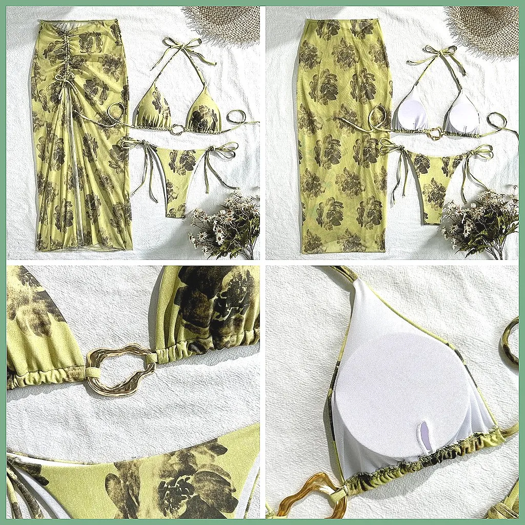 3Pcs Brazilian Bikini Set for Women, Sexy Swimwear Two-Piece with Cover Up, Beach Bathing Suits (Characters: 78)