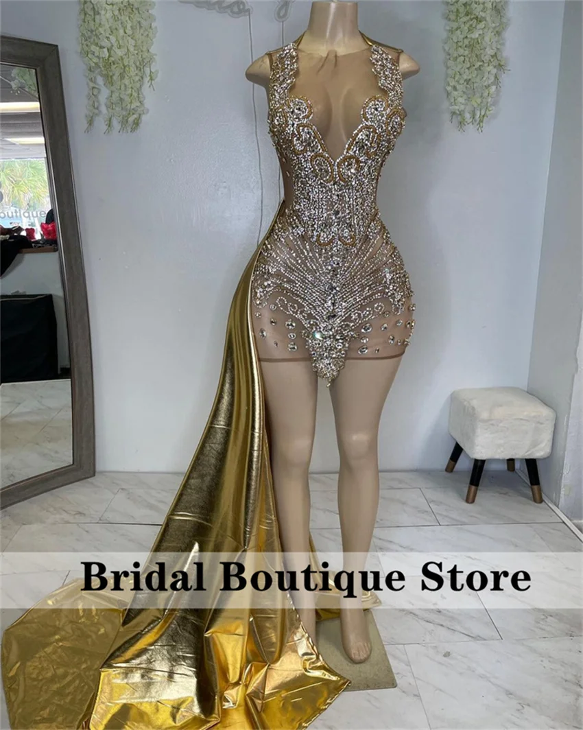 Sparkly Golden Diamonds Prom Dresses 2024 For Black Girls Beading Crystal Rhinestones Feathers Birthday Party  Customized