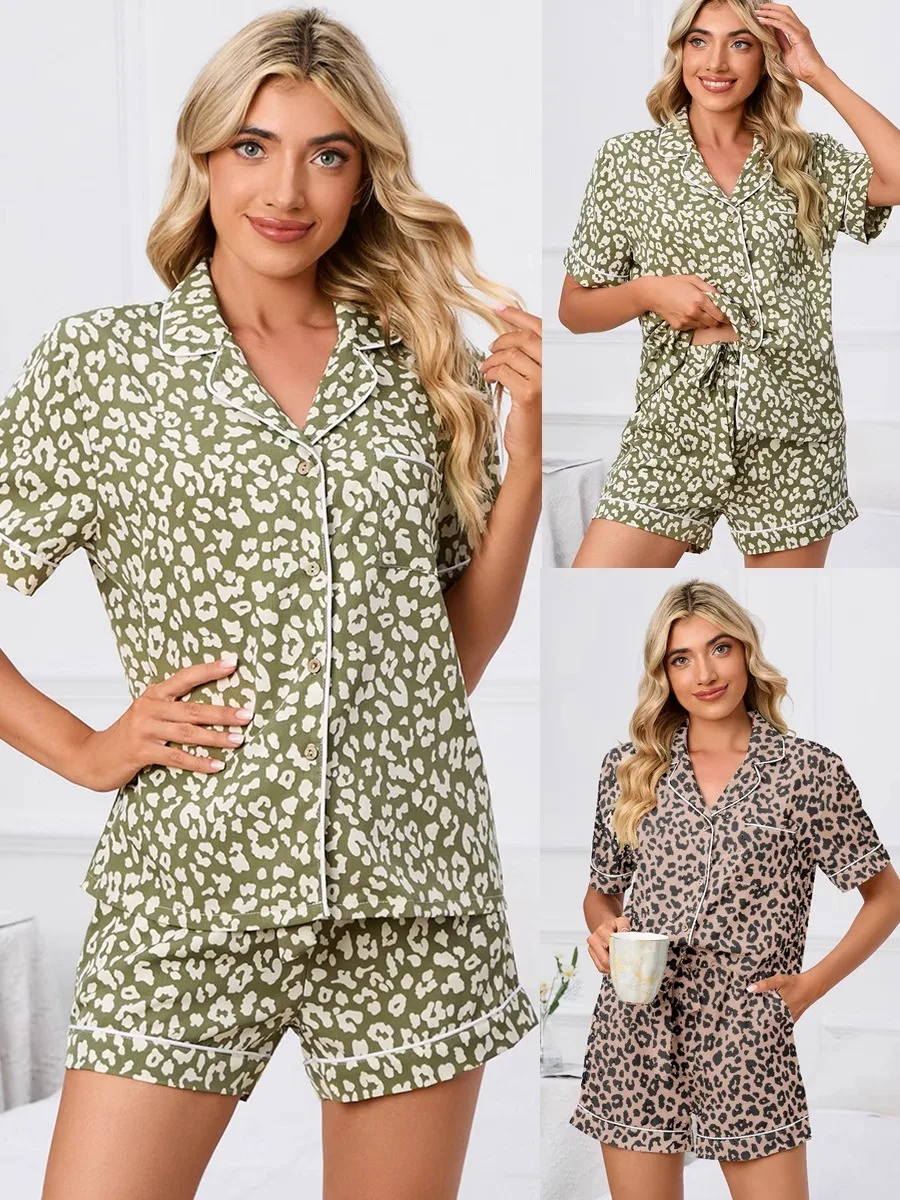 

Комплект из двух предметов: свободные шорты и топ с леопардовым принтом, женская повседневная спортивная одежда, с отложным воротником, из полиэфирного волокна