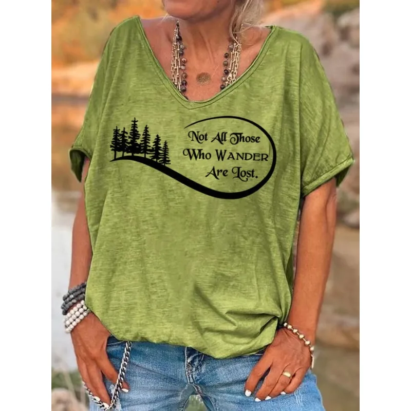 ilstile Women's Hiking Forest Letter Print T-Shirts  Summer Short Sleeve Casual Loose V Neck Tops Green White Tees