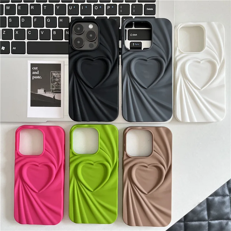 Lovebay Cute 3D Pleated Love Heart Phone Case For iPhone 16 15 14 13 11 12 Pro Max Matte Fold Pattern Soft Silicone Cover Shell