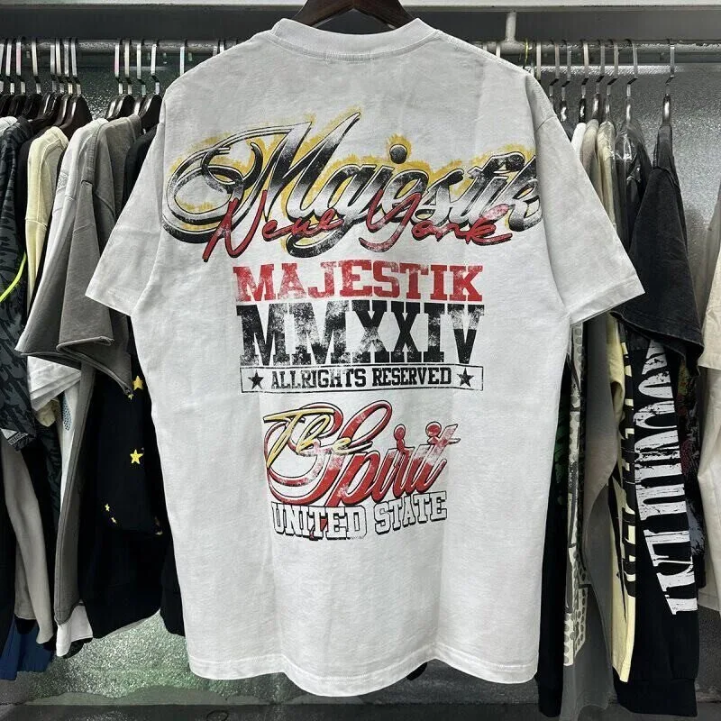 MAJESTIK American-style street Liberty Goddess print washed and distressed sequined trendy loose short-sleeved T-shirt