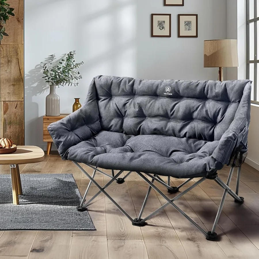 كرسي تخييم مزدوج للبالغين مبطن قابل للطي للتخييم مقعد الحب مع جيب جانبي أريكة تخييم محمولة لشخصين ثقيلة