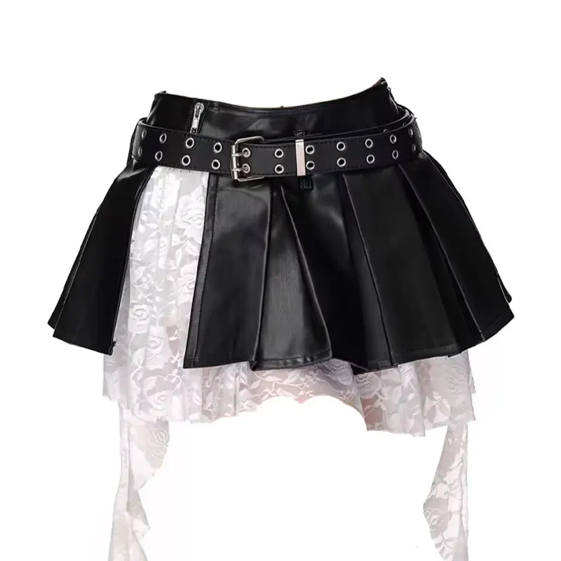 Women's Black Gothic Spliced Lace Edge A-line Mini Skirt Y2K Harajuku 2000s Style Academy Retro Cute Short Skirt Clothing