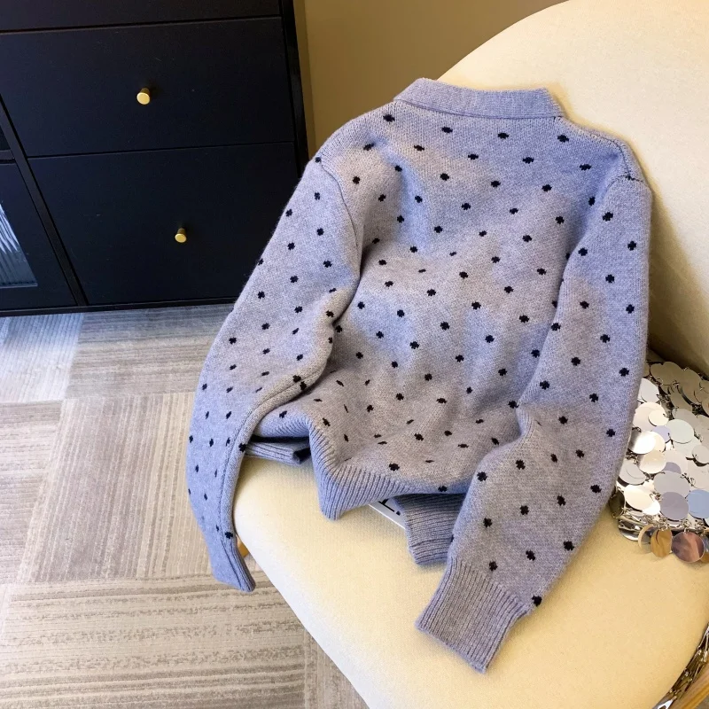 Camisola feminina cinza cardigan dot com decote em v rendas laço topos jumpers 2025 outono manga longa moda senhoras coreanas malhas