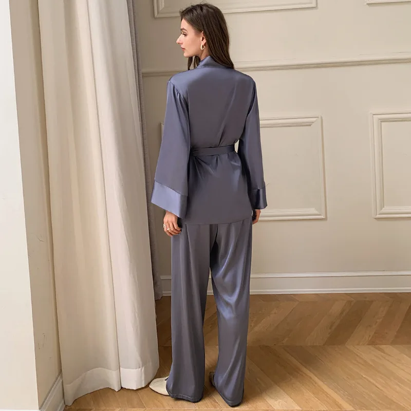 Solid color luxury noble women's long robe 2-piece set, satin long pants, loose sleepwear, casual sleepwear, women's home set