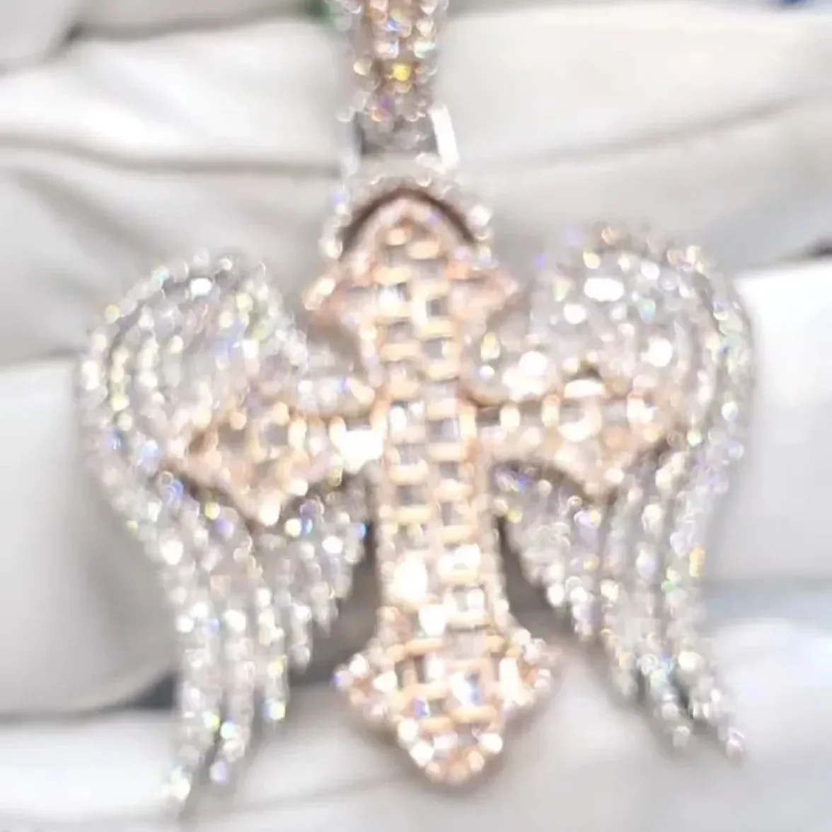 Two Tone Rose Gold Color Full Paved 5A Cubic Zirconia Sparking Bling CZ Wing Cross Pendant Hip Hop Men Necklace