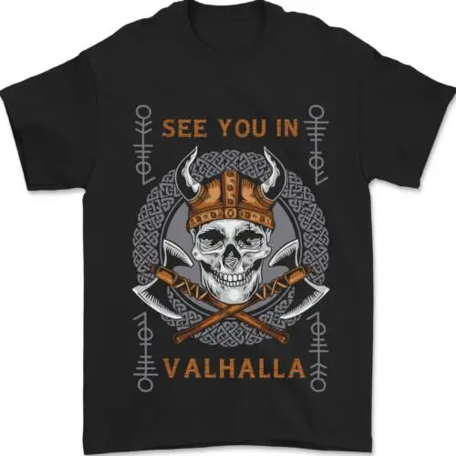 See You in Valhalla Viking Skull and Symbols Mens T-Shirt 100% Cotton