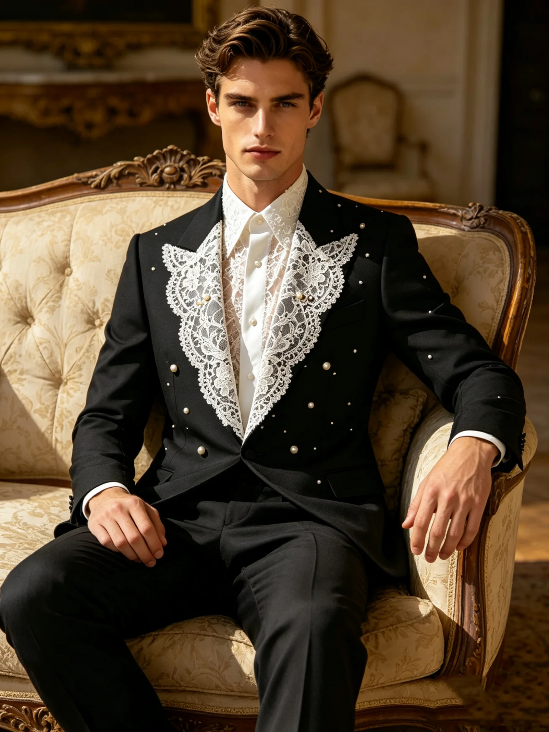 

Black White Lace Crystals Men Suit Set 2 Pcs Blazer+Pants Prom Wedding Tuxedos Coat Customized Formal Office Groom Jacket