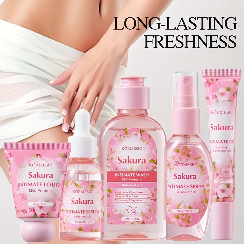 Sakura Women's Intimate Care 5-Piece Set, Product Includes: Private Area Cleansing Liquid, Essence, Gel, Lotion, Spray, Gentle Cleansing, Balances the Environment, Long-Lasting Freshness, and a More Firm and Smooth Light Beige Color Suitable for All Skin Types. Women's Gifts, Intimate Health, Feminine Hygiene, Fashion Essentials, Beauty Essentials, Care, Gentle Formulas, Hygiene Essentials, Intimate Cleansing, Self-Care Gifts