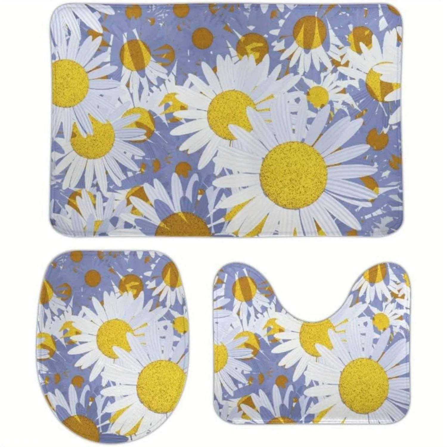 

Набор ковриков для ванной комнаты Daisy Graffiti RV из 3 предметов — моющийся, противоскользящий полиэстер с U-образным контурным ковриком и чехлом на сиденье унитаза, синий