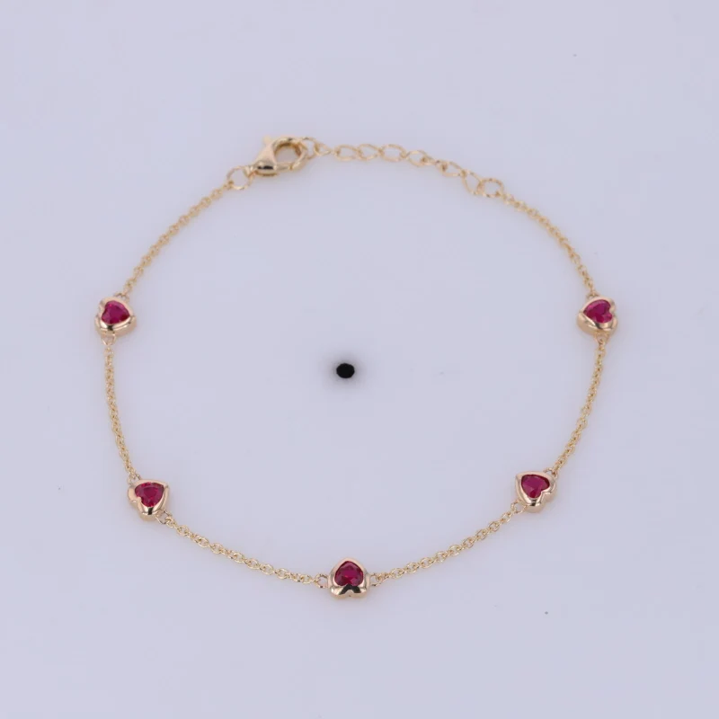 

Elegant Women Jewelry 14k Gold 3*3mm Heart Shape Bezel Setting Lab Grown Blood Red Ruby Link Bracelet
