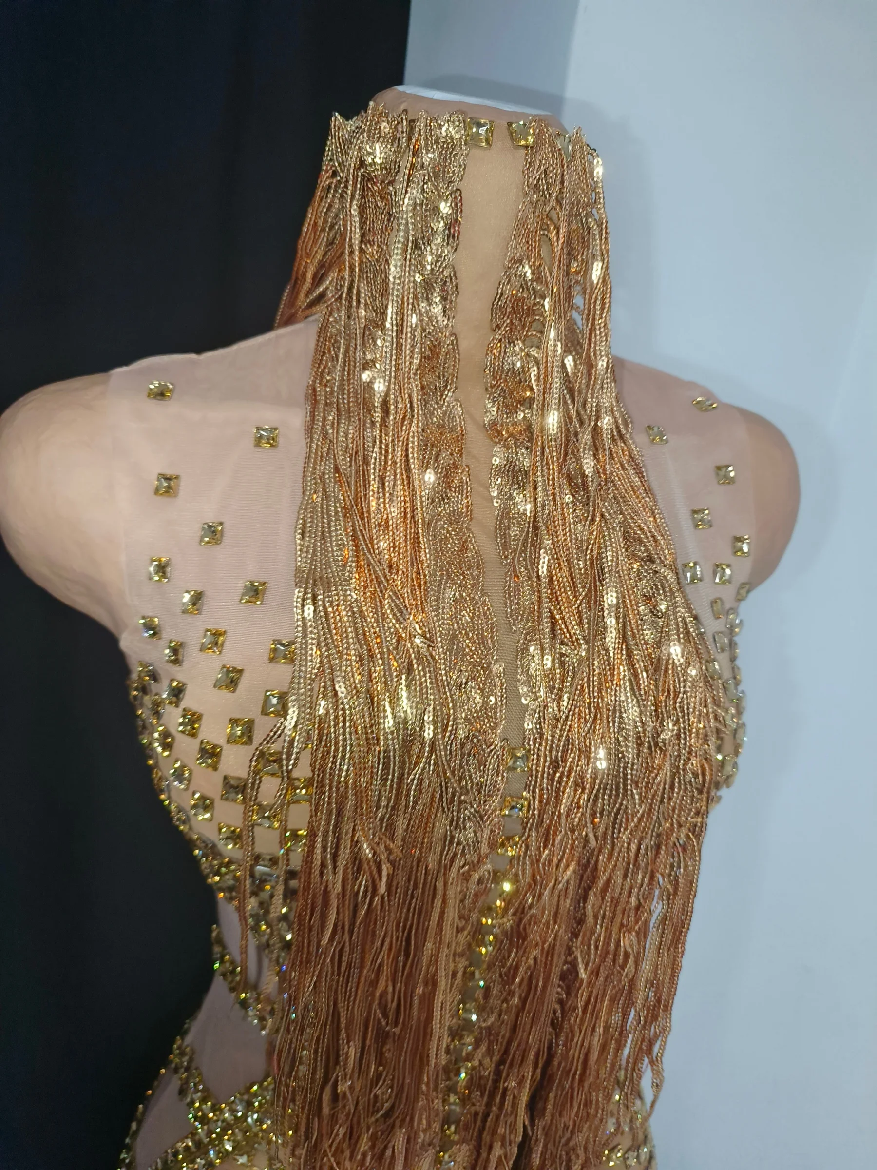 

Sparkly Gold Tassel Rhinestone Latin Dance Mini Dress Sexy Sleeveless Sheer Mesh Stage Performance Competition Outfit Jintiao