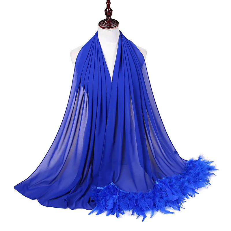 70*175CM The New Solid-color Chiffon Feathered Muslim Women\'s Fashion Scarf Can Be Wrapped In A Shawl