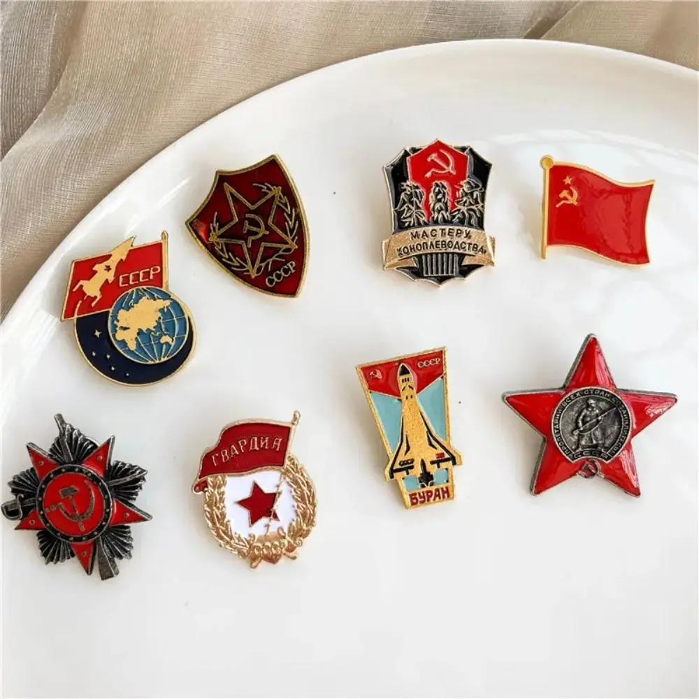 Russian Retro Stars Soviet Brooch Red Star Hammer Ribbon Sign Badge Communist Stars Flag Brooches Lapel Badges Funny Gifts