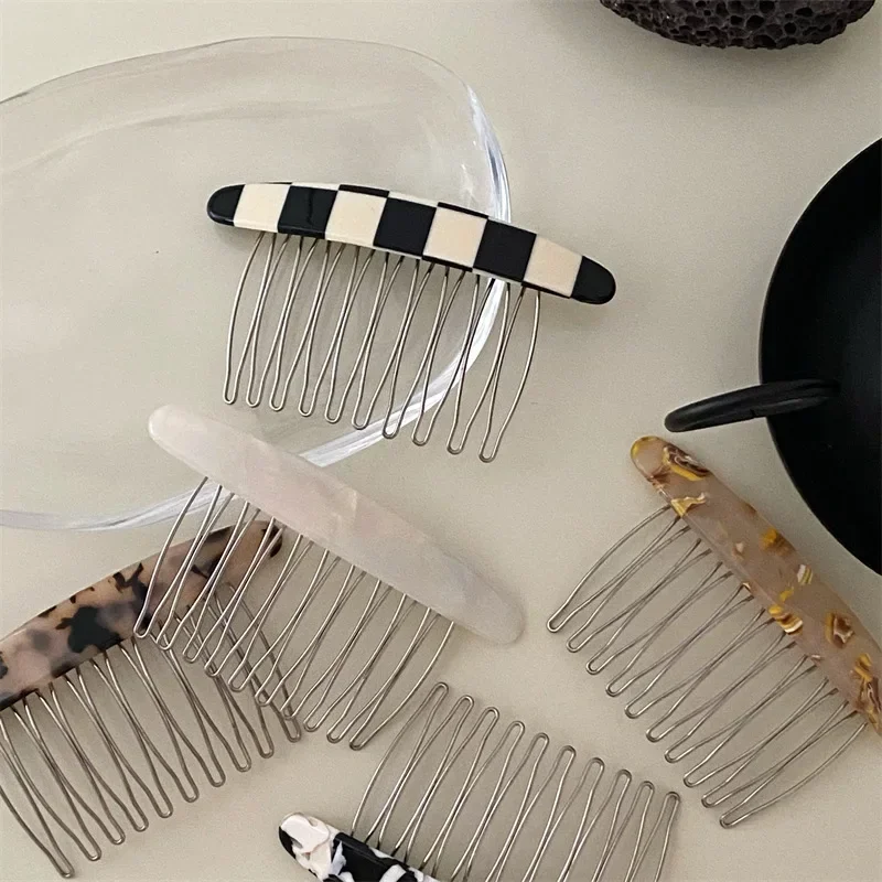 Korean Fashion Plaid Comb Clip Bangs Broken Hair Clip Texture Marble Pattern Iron Tooth Comb Clip Insert Comb Style Accessories