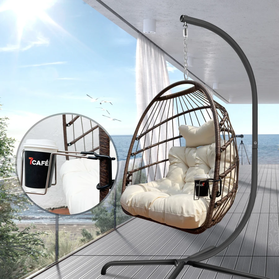 

Swing Egg Chair with Stand Indoor Outdoor Wicker Rattan Patio Basket Hanging Chair with C Type bracket with cushion and pillow