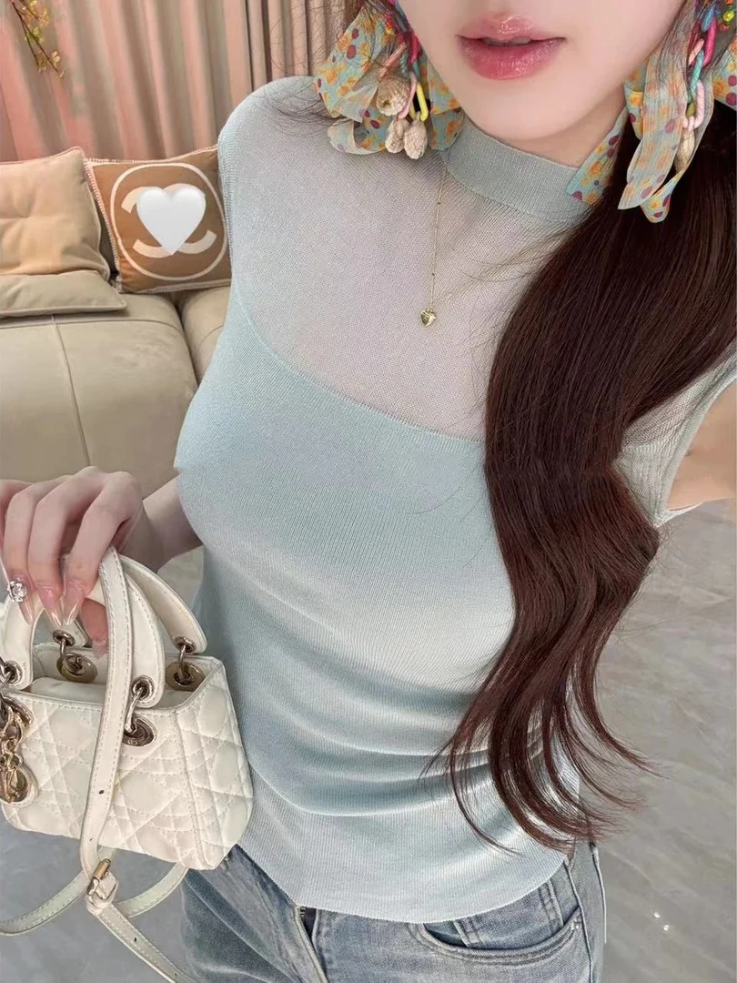 

Soft Sleeveless Knitted Top Women's Summer Korean Style Slimming Half High Collar Base Layer Shirt Comfortable Breathable