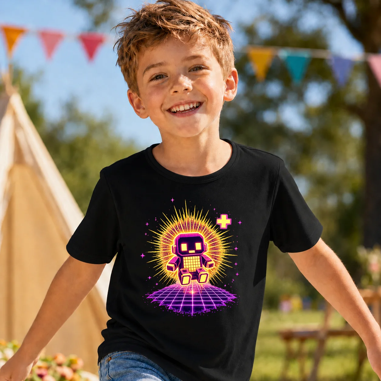 Children Neon Pixel Robot Print T-shirt Boys Summer Game Graphic Short Sleeve Black Cotton Casual Tees