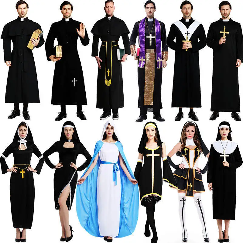 

Pastor Missionary Cosplay Costumes for Adult Halloween Carnival Priest Nun Long Robes Religious Pious Catholic Church Vintage