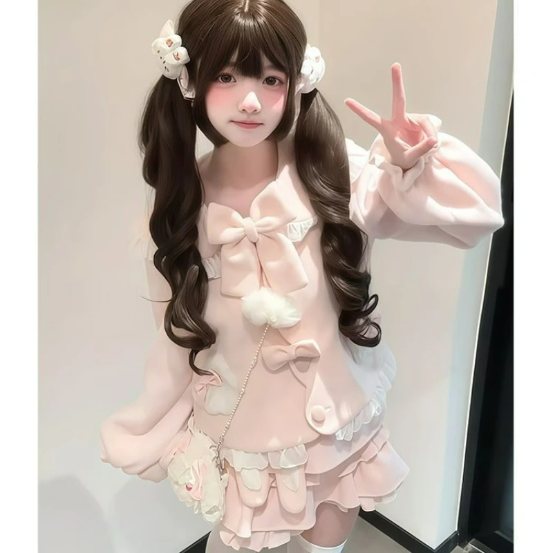 

Розовый японский комплект в стиле сладкой лолиты из 2 предметов: милый шерстяной пальто с бантом и мини-юбка с кроличьими ушками, эстетика Y2K, наряды принцессы