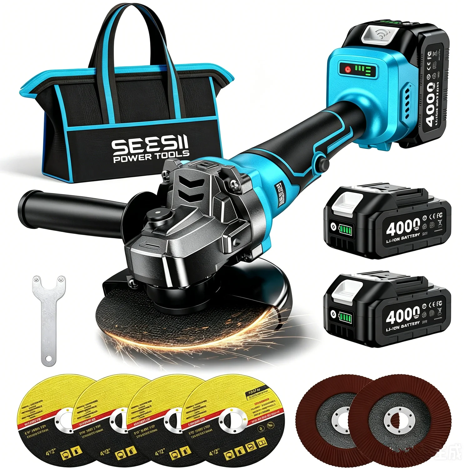 

SEESII Brushless Angle Grinder Cordless 9500RPM Battery Grinder Tool 4-1/2 inch Power Electric Grinder Kit for Metal Cutting Grinding with 2pcs 4.0Ah Batteries