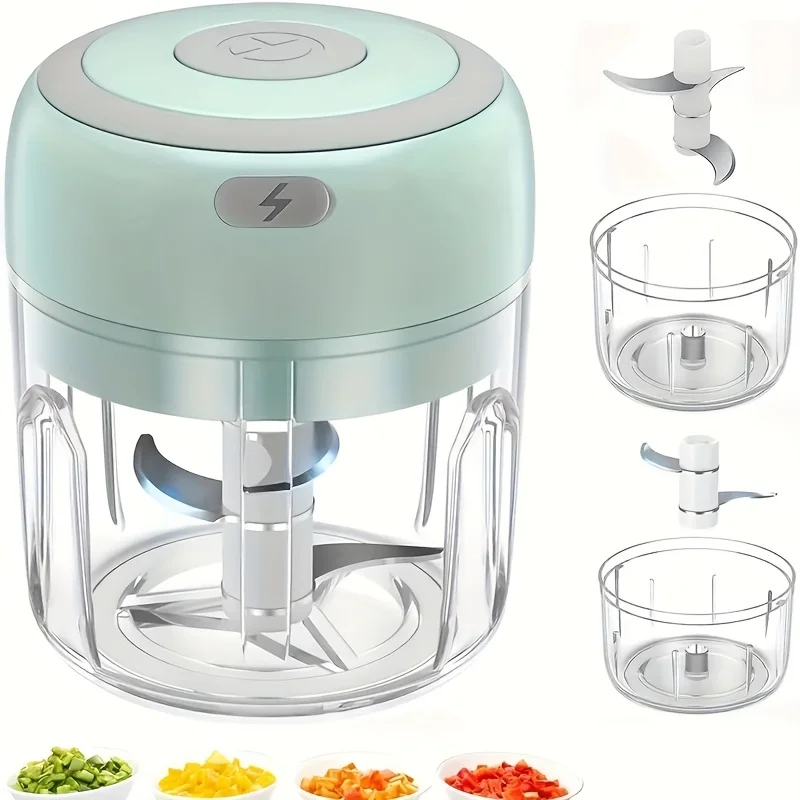 USB Rechargeable Green Wireless Food Chopper - Compact Garlic Crusher & Meat Grinder (100ml/250ml) - Effortless Kitchen Prep Too