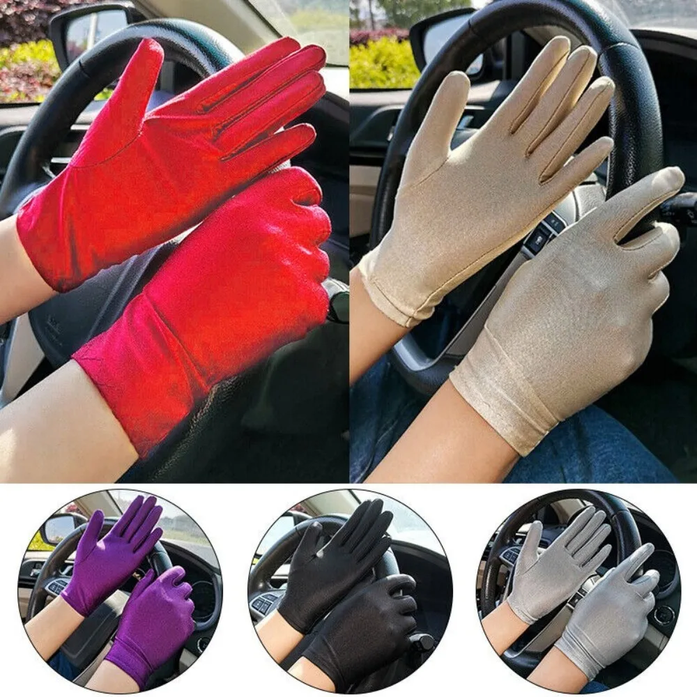 1Pair Fashion Women Thin Stretch Gloves Dust-proof Pure Color Sun Protection Gloves Non-Slip Etiquette Silk Mittens Summer