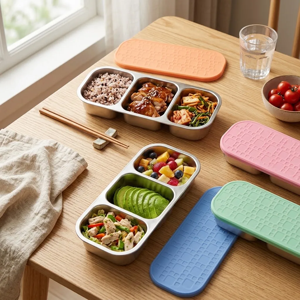 3 Compartment Stainless Steel Bento Box With Silicone Lid Portable Divided Food Tray For Kids Adult Picnic Camping Travel