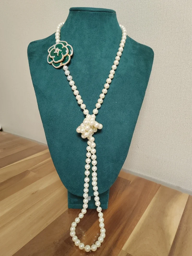 Koreaanse Trui Ketting Gelaagde Parel Ketting Hanger Voor Vrouwen Carmellia Bloem Sieraden