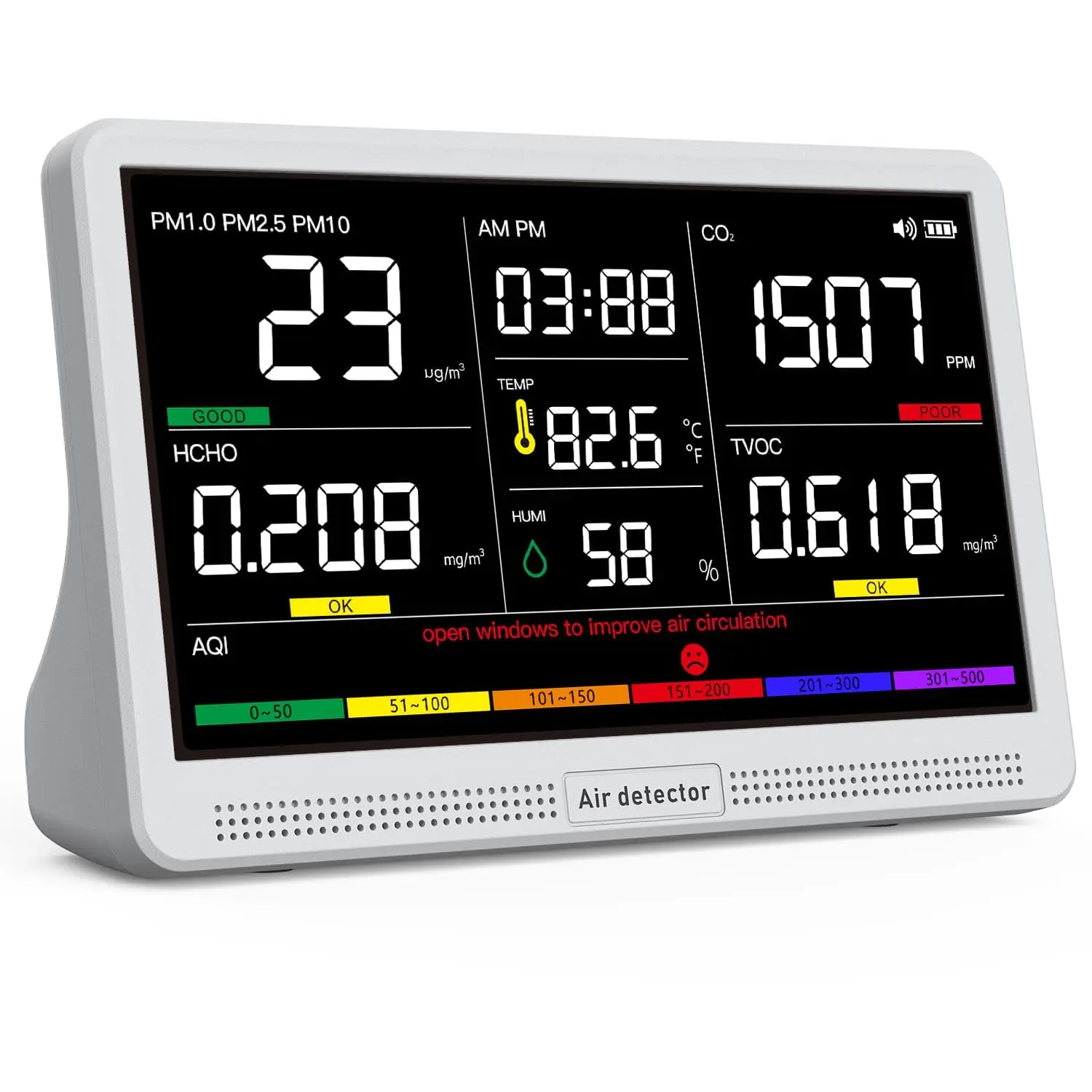 

16-in-1 Air Quality Monitor with 7" Display, Detects CO2, PM2.5, TVOC, HCHO, Temp & Humidity for Home