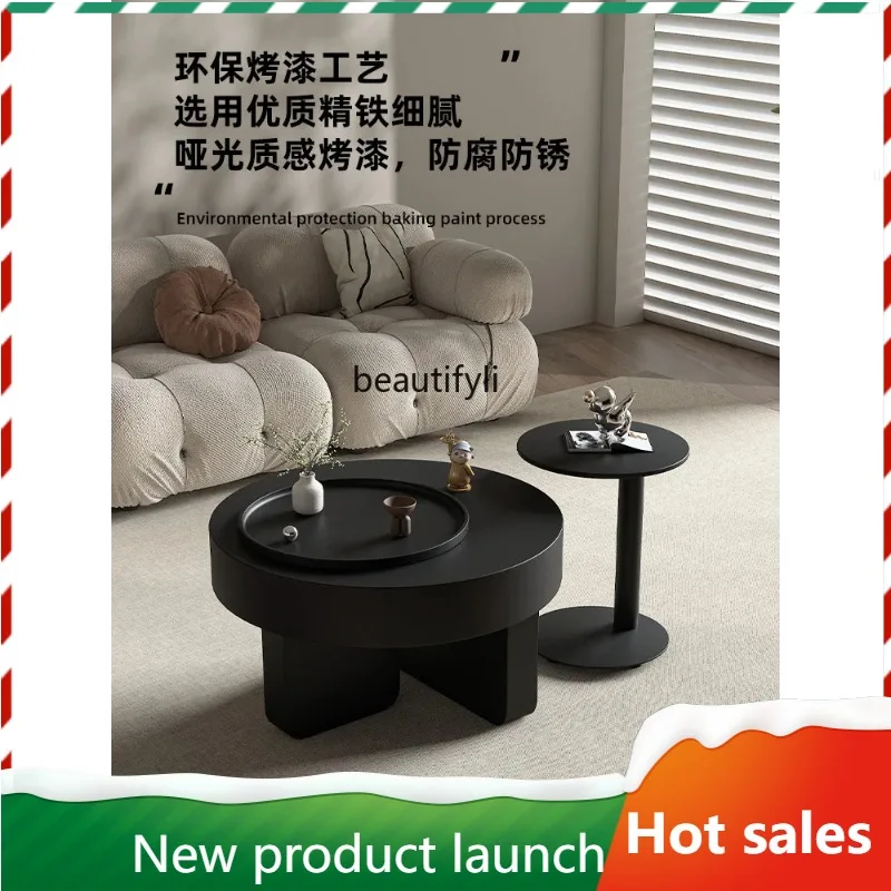 

F56 Round Coffee Table for Living Room, Small Household, Black, Movable, Rotatable, Light Luxury, Minimalist