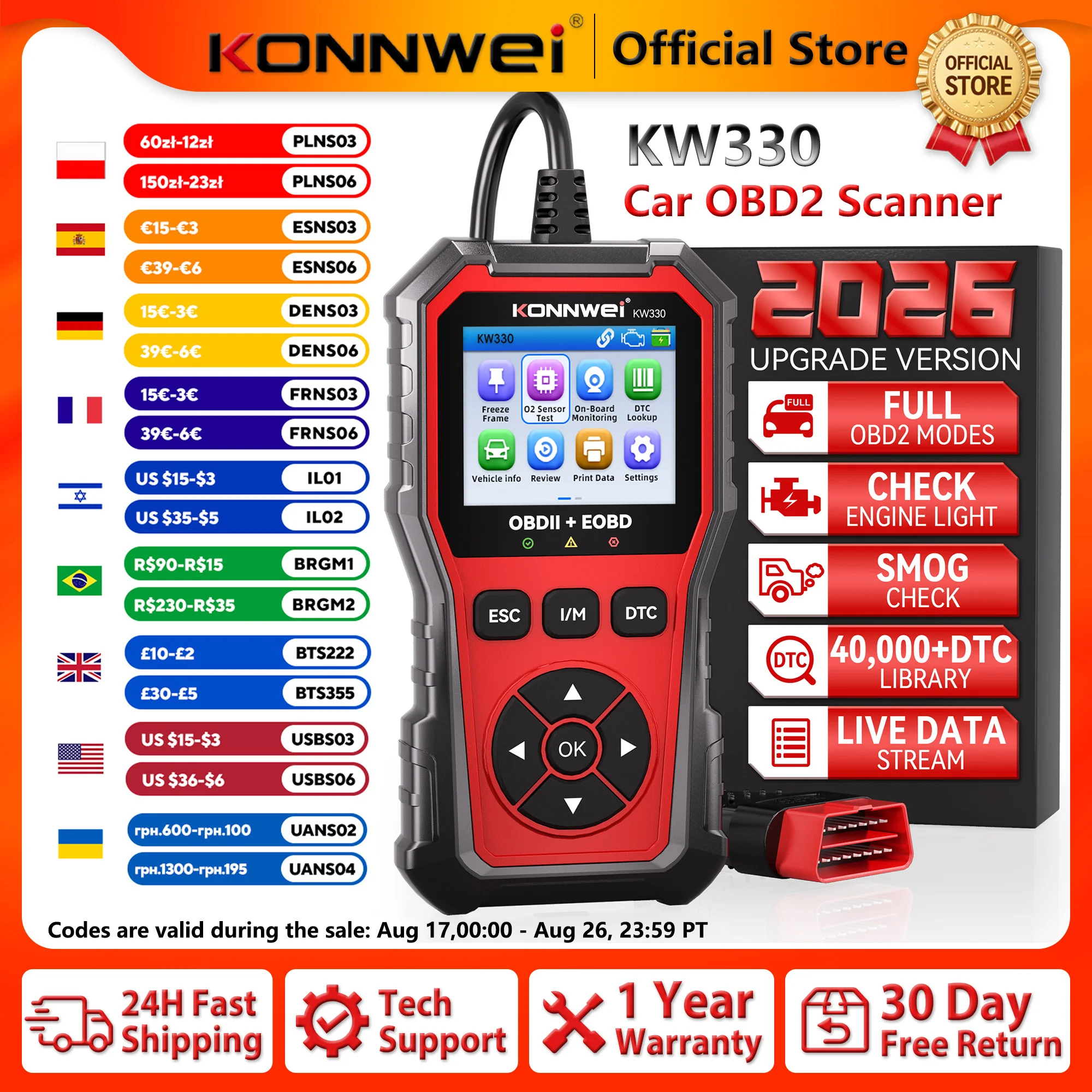 2026 KONNWEI KW330 Ferramenta de Diagnóstico Automotivo OBD2 Profissional para Teste de Bateria do Motor, Apagamento de Códigos de Falha e Função de Scanner de Dados em Tempo Real