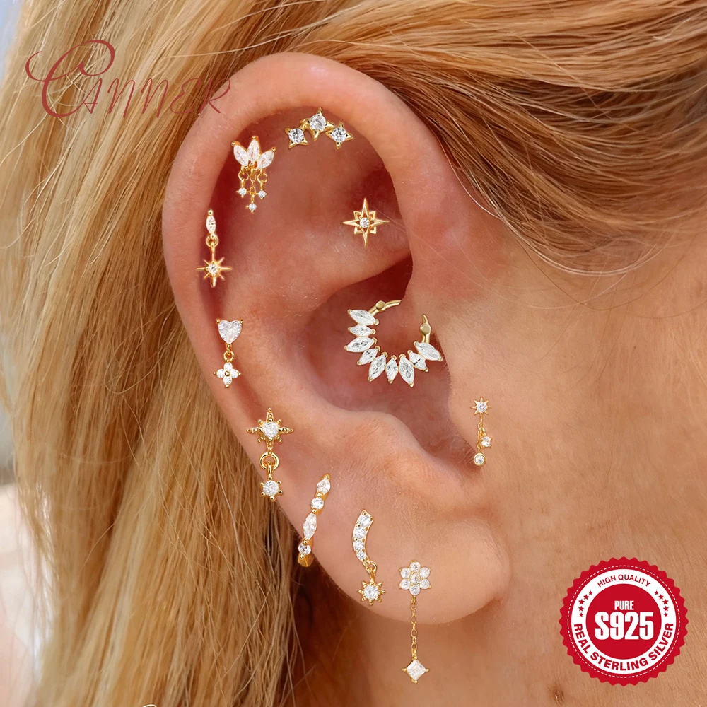 CANNER 925 sterling Silver Star Tassel Design Stud Earrings For Women 18K Gold Flat Head Threaded Ear Bone Daily Fine Jewelry