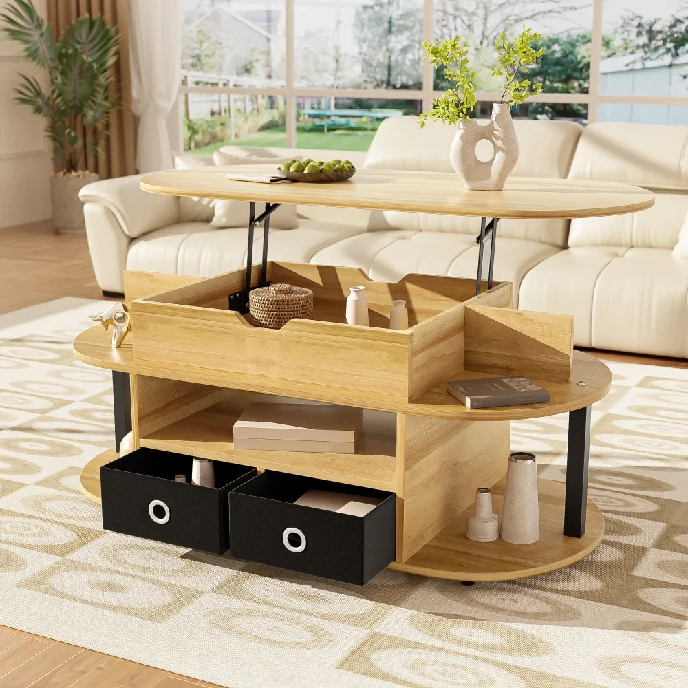 Tavolino da caffè moderno in legno con funzione di sollevamento, spazio di archiviazione e cassetti in tessuto nero Elegante e pratico per il soggiorno