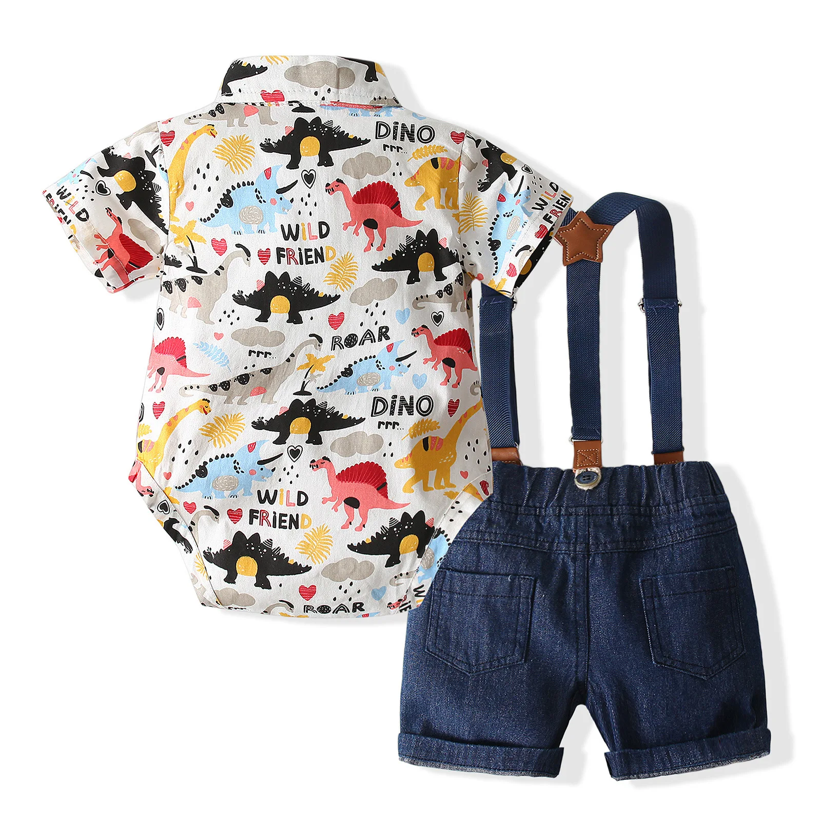 Children's Fashion Handsome Little Gentleman Boys' Cartoon Dinosaur Set Short Sleeve Wrapped Fart One Piece Romper 2 Pieces