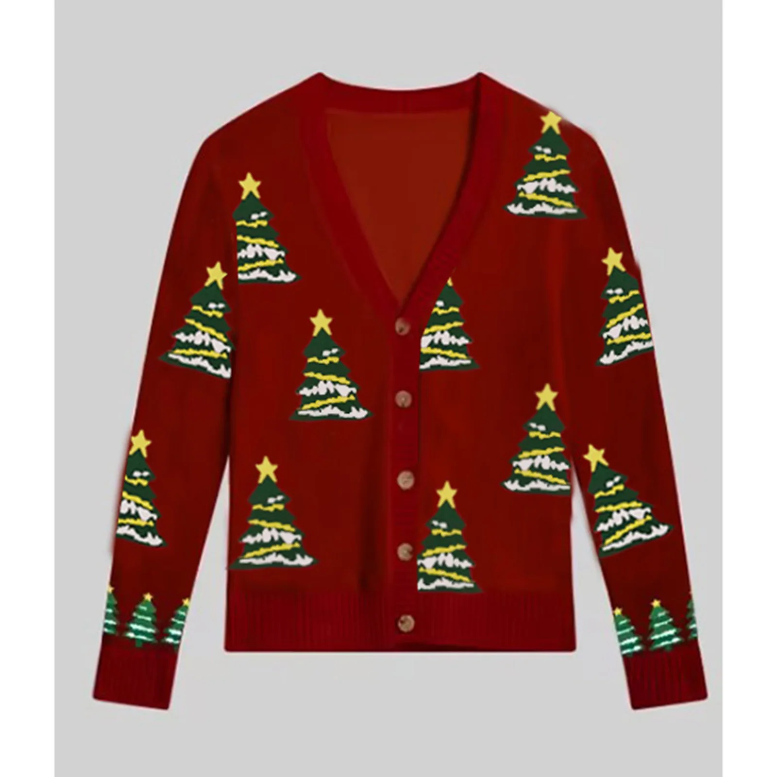 

Красный вязаный свитер с рождественской елкой, осенне-зимняя повседневная женская куртка с длинными рукавами и v-образным вырезом на пуговицах, теплый уличный вязаный кардиган