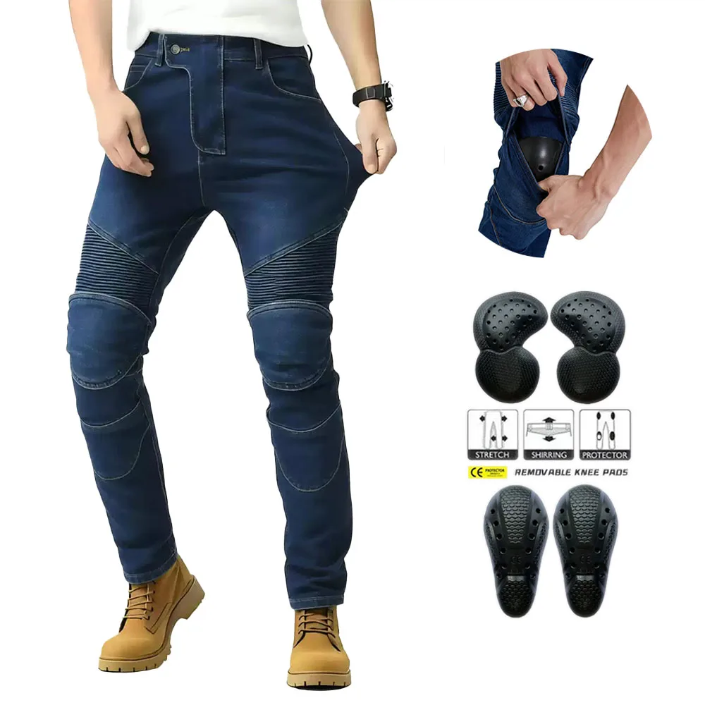 New Motorcycle Straight Elastic All Seasons Blue Riding Jeans Motorcycle Rider Racing Anti-fal Level 2 Gears Black Denim Pants