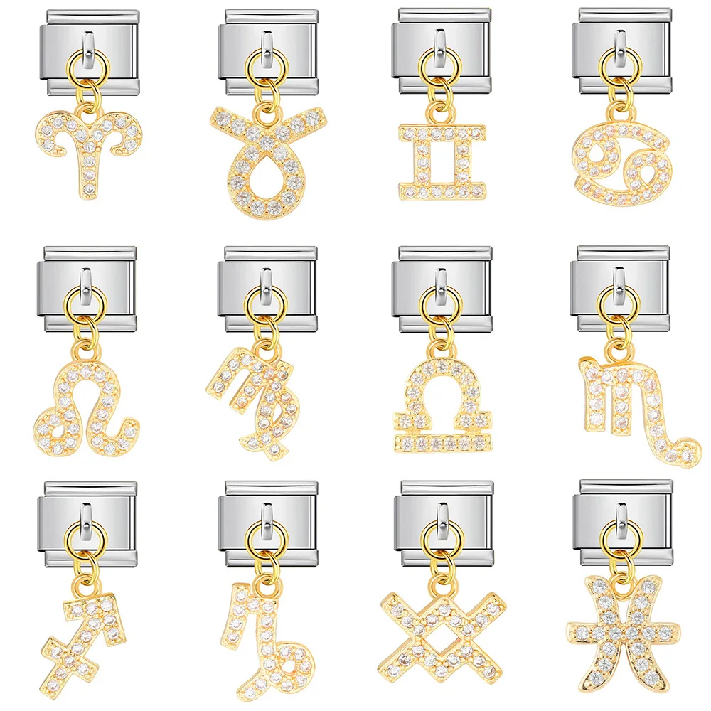 WG 1pc 12 Zodiac Signs Italian Modular Bracelet Stainless Steel Zircon Charm Pendant For DIY Stretch Bracelet Accessories