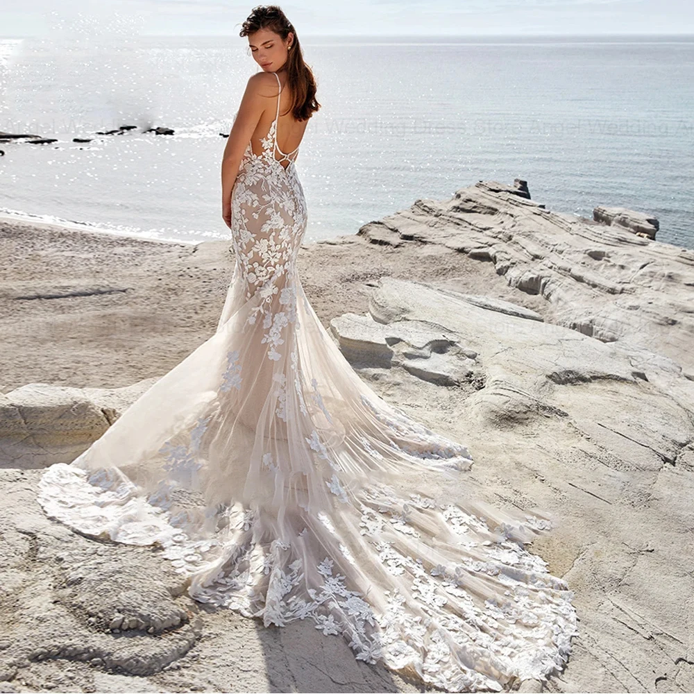 ENGEL Aangepaste Strand Zeemeermin Trouwjurk Voor Vrouwen 2025, Applicaties Kant Sweep Trein Backless Bruidsjurken Custom Made