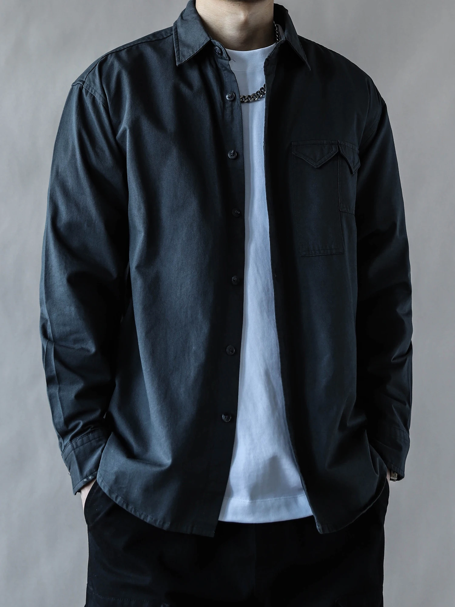 

American Retro Heavyweight Men's irt Spring Autumn Loose Casual Collar Long Sve Waed Cotton High-End ey 2026