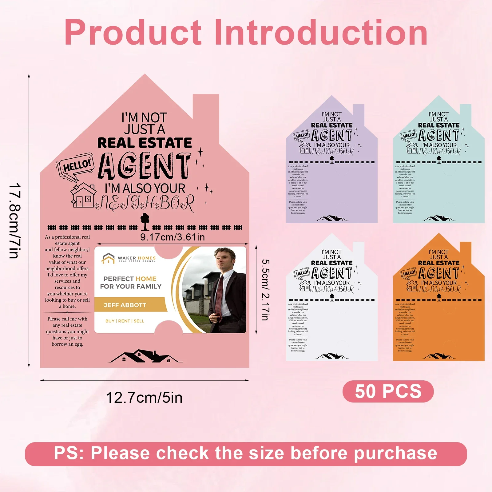 مجموعة من 50 قطعة من بطاقات وكيل العقارات على شكل منزل (5 × 7 بوصات) فتحة بطاقة عمل - 5 ألوان - مستلزمات تسويق منزلية مفتوحة للحقيقي