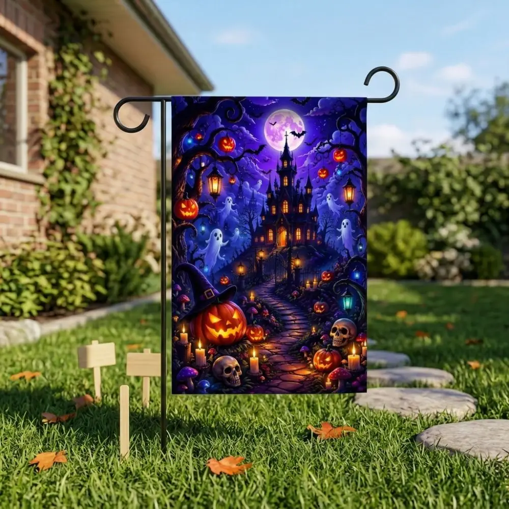 2D Flat Print Halloween Garden Flag Spooky Haunted House Pumpkin Black Cat Cloth Single Sided Polyester Holiday Garden Flag