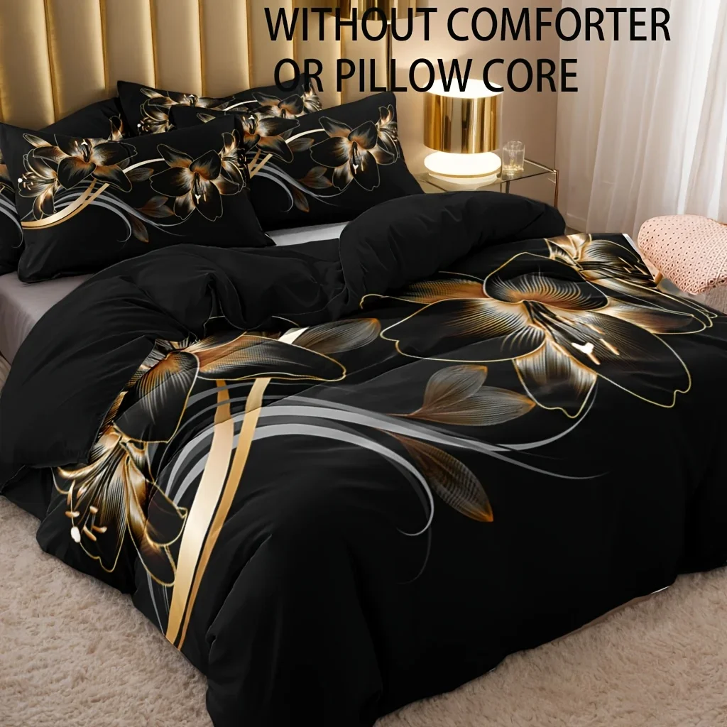 3pcs Polyester Golden Floral Pattern Printed Bedding And Quilt Cover Set, Suitable for Bedrooms And Guest Rooms. Soft And Comfortable Quilt Cover, Gift for Family And Friends (1 X Quilt Cover And 2 X Pillowcases, Core Not Included)
