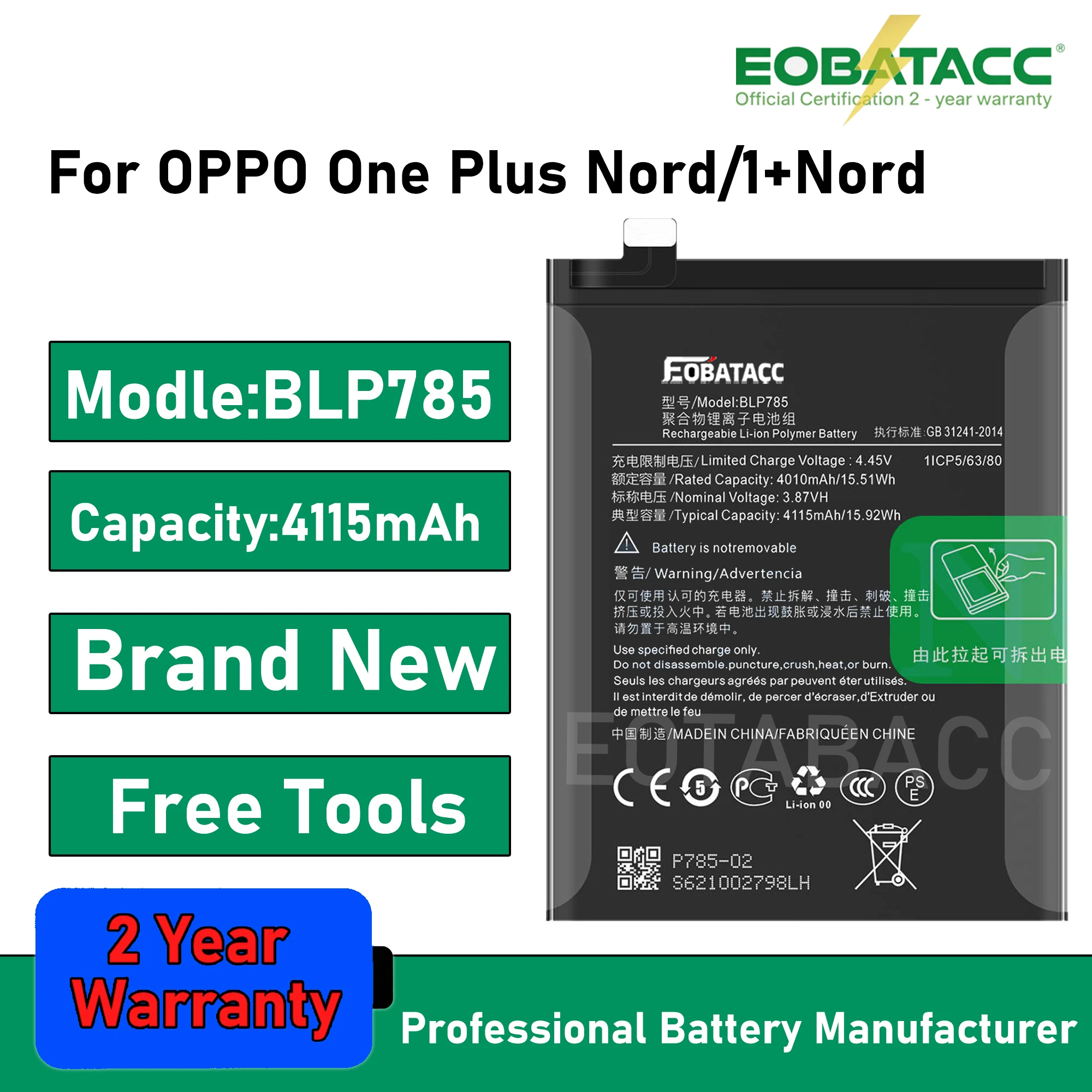 

2025 Years EOBATACC 100% New BLP785 Battery For OPPO One Plus Nord/1+Nord 4115mAh Batteries+Free Tools
