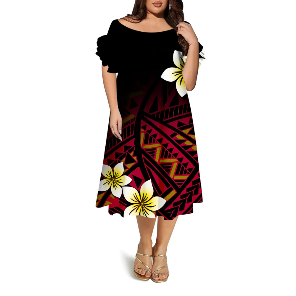 Nowo zaprojektowana damska sukienka maxi z krótkim rękawem i okrągłym dekoltem, z jednym ramiączkiem, z motywem polinezyjskiego wyspy.
