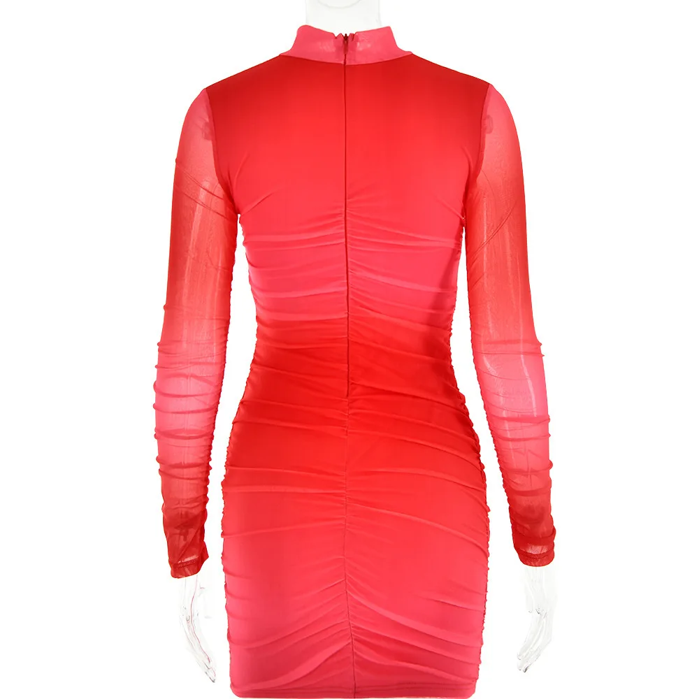 Yuzhexi vestidos de malha de camada dupla de cor desbotada de manga comprida para mulheres laranja-vermelho bodycon festa elegante roupa curta