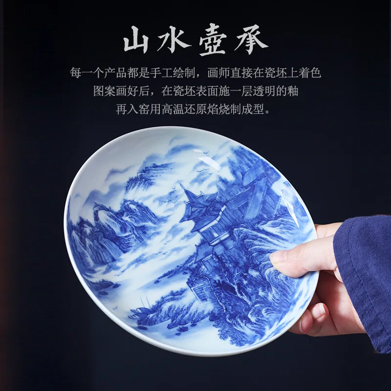 

Hand Painted Blue and White Pavilion Pot Tray Ceramic Tea Table Kung Fu Teapot Coaster Handmade Fruit Plate Utensils